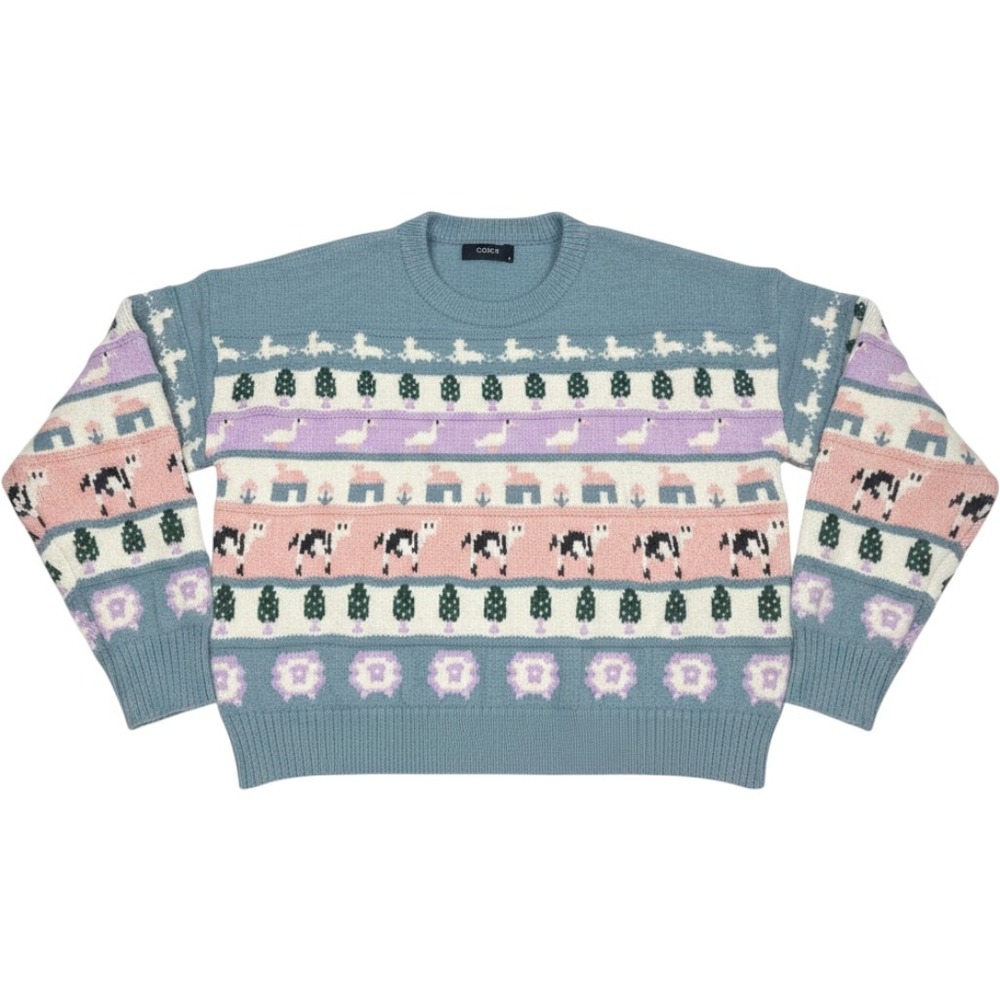 Cider Cottagecore Cow Goose Intarsia Knit Sweater Blue Pastel Crew Neck Large